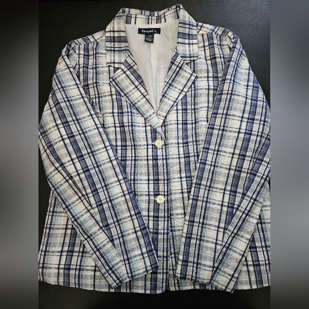 NWT - Denim & Co. Seersucker Blue & White Plaid Blazer - Size XL